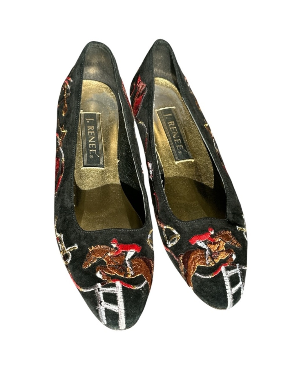 J RENEE VINTAGE Velour Equestrian Horse KY DERBY FLAT SHOES SZ 7.5 M RUN SMALL